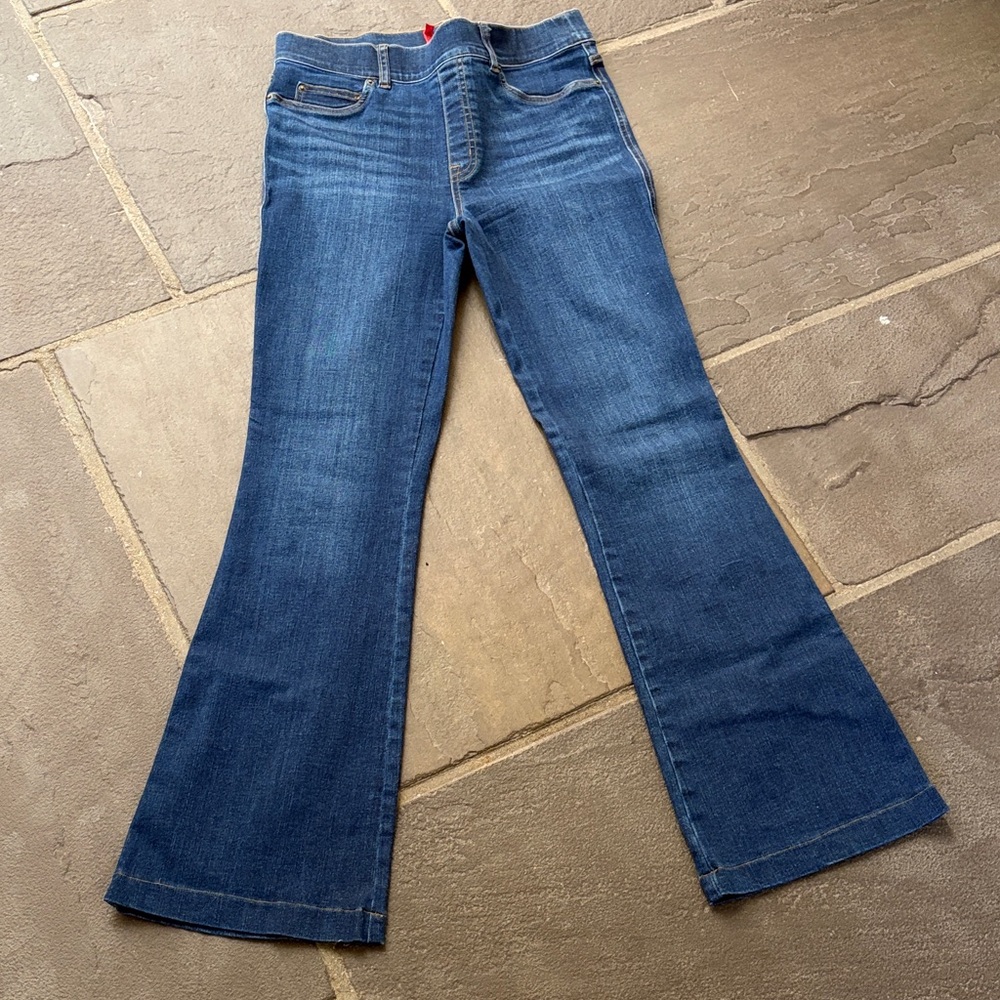 SPANX Dark Blue Flare Jeans with Subtle Fading